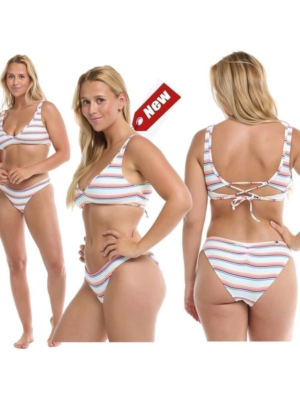 EIDON Women's white striped Color Field Bikini Swimsuit Sz S/DD NWT